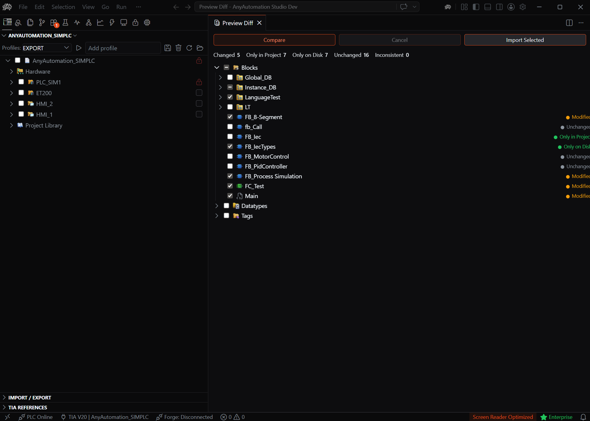 AnyAutomation Studio: Import/Export-Diff-Vorschau