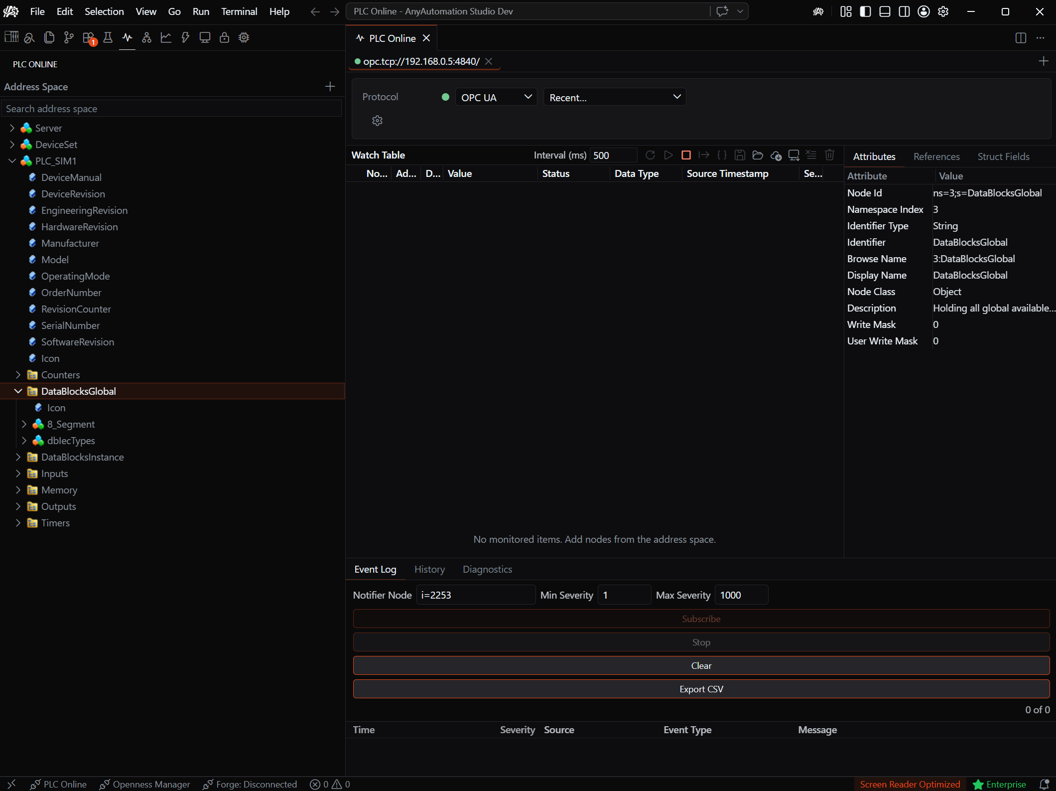 AnyAutomation Studio: OPC-UA-Client und Watch-Tabelle